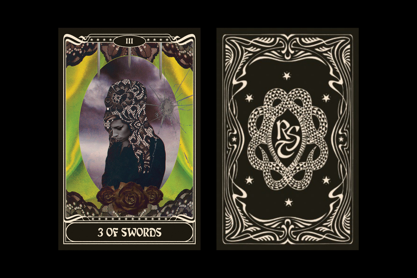The Rockstar Tarot Deck collage art features Amy Winehouse as the reference for 3 of Swords card.