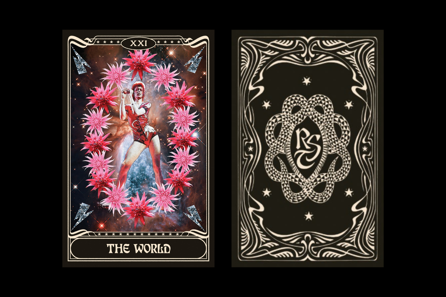 The Rockstar Tarot Deck collage art features David Bowie as the reference for The World card.